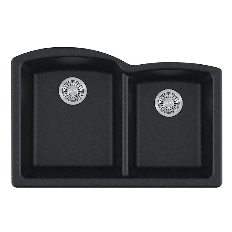 Kitchen Sink Ellipse 33 x 21-3/4 Inch 2 Bowls Offset Matte Black Undermount Rectangle Granite - Image 1