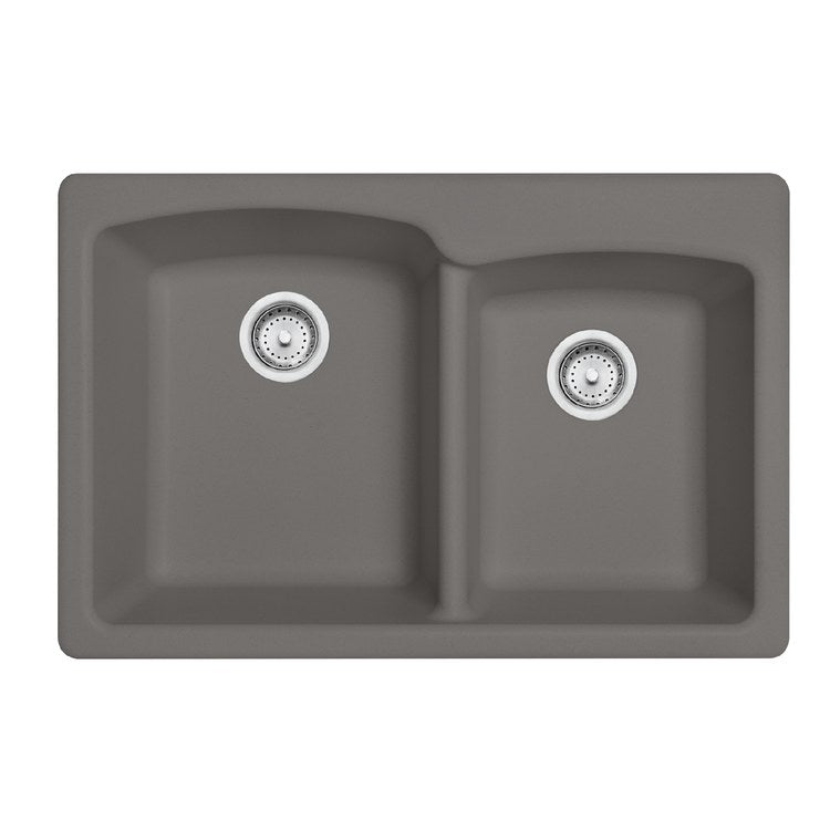 Kitchen Sink Ellipse 33 x 22 Inch 2 Bowls Offset 1-4 Hole Stone Gray Topmount/Undermount Rectangle Granite