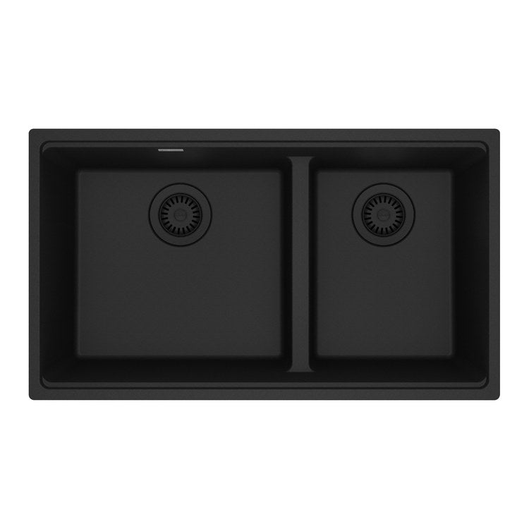 Kitchen Sink Maris 31 x 18 Inch 2 Bowls Low Divide Offset Matte Black Undermount Rectangle Granite - Image 1