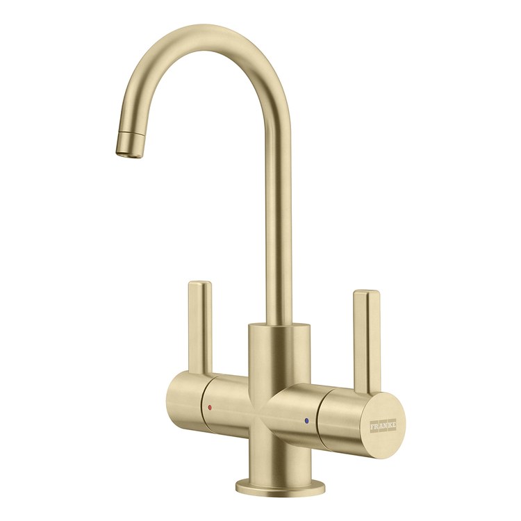 Water Dispenser Universal Hot/Cold Filtered 2 Lever J-Shaped Swivel Gold - Image 1