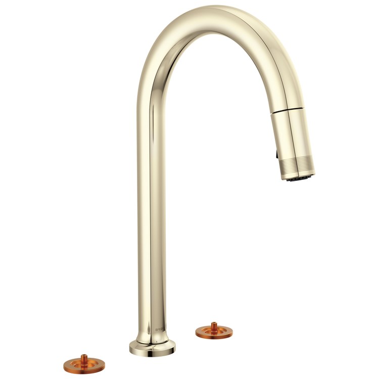 Kitchen Faucet Kintsu Widespread 4 to 16 Inch Spread Less Handle Lumicoat Polished Nickel Pull Down Arc 3 Hole 1.8 Gallons per Minute - Image 1