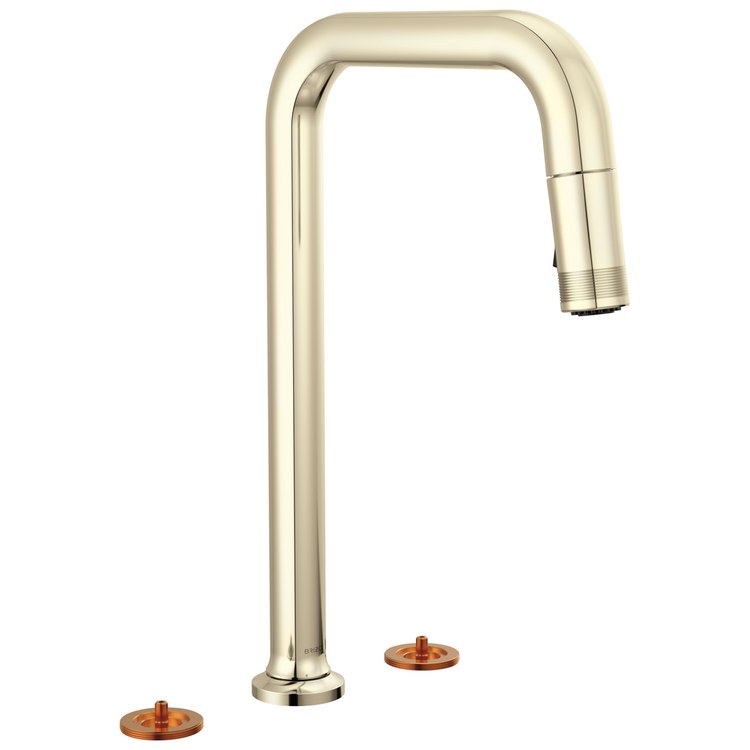 Kitchen Faucet Kintsu Widespread 4 to 16 Inch Spread Less Handle Lumicoat Polished Nickel Pull Down Square 3 Hole 1.8 Gallons per Minute - Image 1