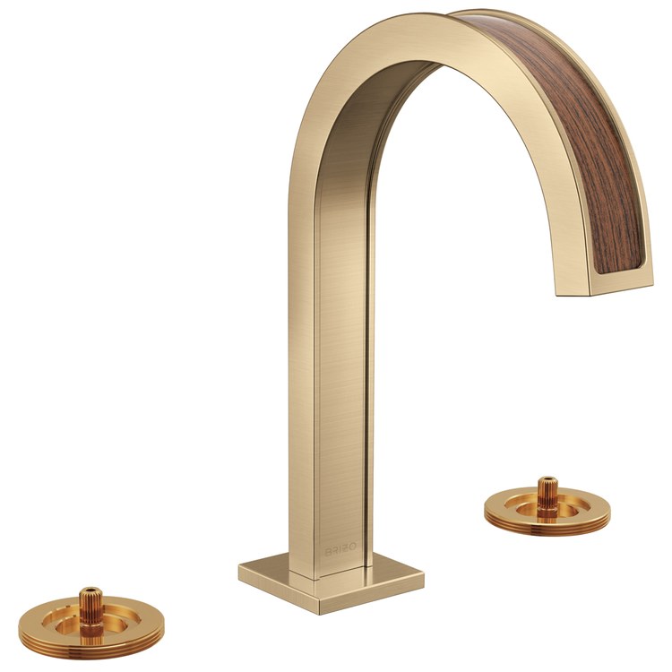 Lavatory Faucet Frank Lloyd Wright Widespread 6 to 16 Inch Spread WaterSense Luxe Gold/Wood 1.2 Gallons per Minute Deck Arc Less Drain 3 Hole - Image 1