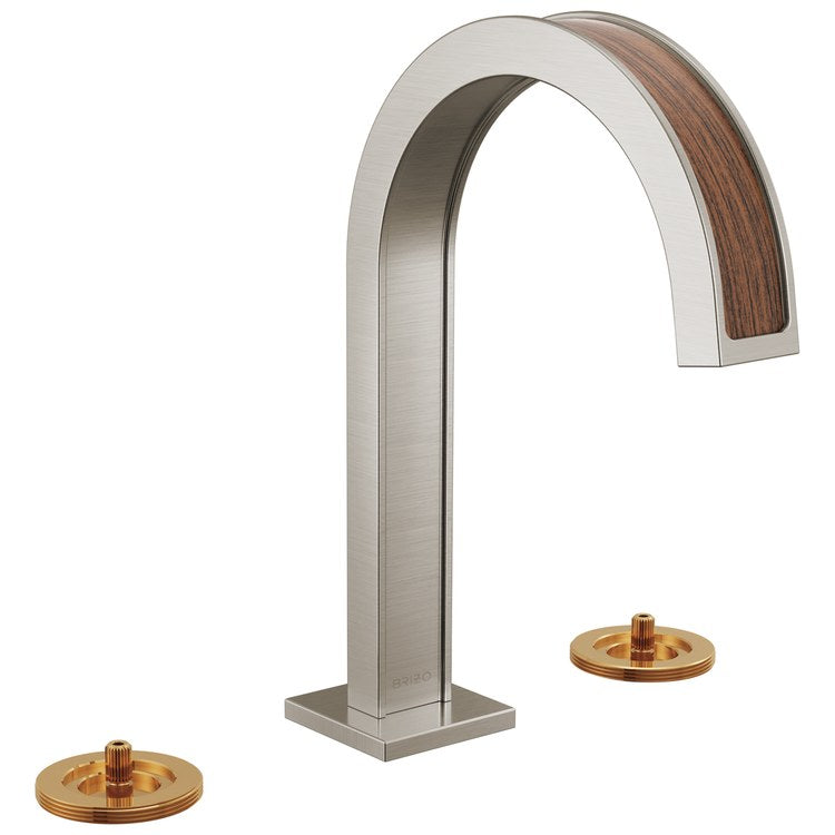 Lavatory Faucet Frank Lloyd Wright Widespread 6 to 16 Inch Spread WaterSense Brilliance Luxe Nickel/Wood 1.2 Gallons per Minute Deck Arc Less Drain 3 Hole - Image 1