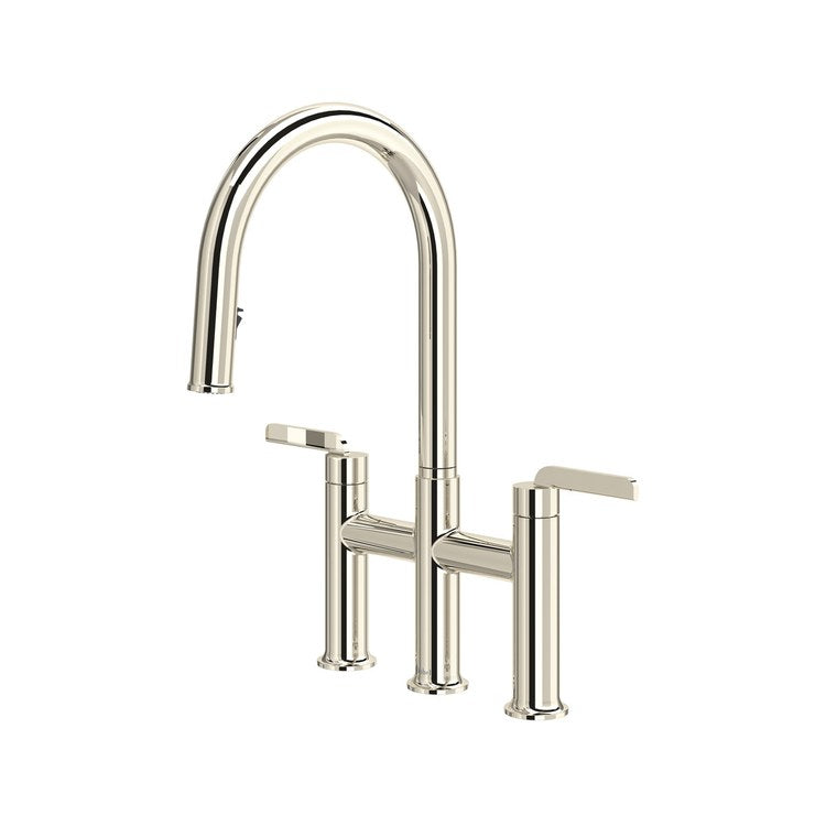 Kitchen Faucet Authentica Bridge 8 Inch Spread 2 Lever ADA Polished Nickel Pull Down 2 Function Gooseneck 360 DEG Swivel 3 Hole Deck 1.8 Gallons per Minute - Image 1
