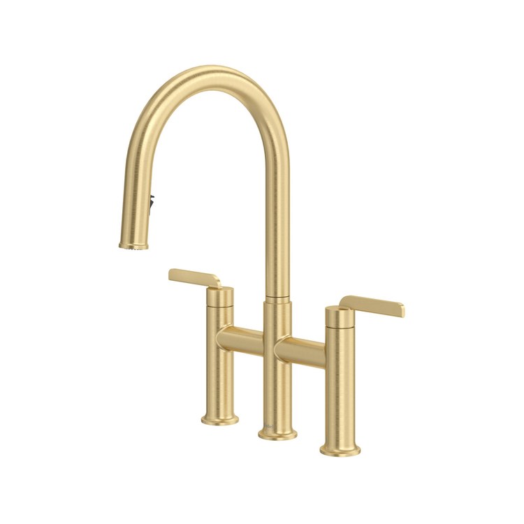 Kitchen Faucet Authentica Bridge 8 Inch Spread 2 Lever ADA Satin Brass US4 Pull Down 2 Function Gooseneck 360 DEG Swivel 3 Hole Deck 1.8 Gallons per Minute - Image 1