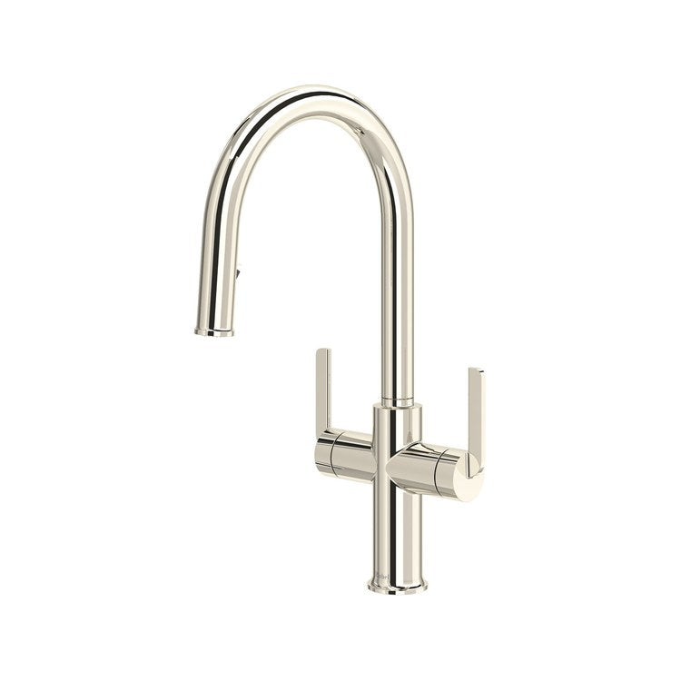 Kitchen Faucet Authentica 2 Lever ADA Polished Nickel Pull Down 2 Function Gooseneck 360 DEG Swivel 1 Hole Deck 1.8 Gallons per Minute - Image 1