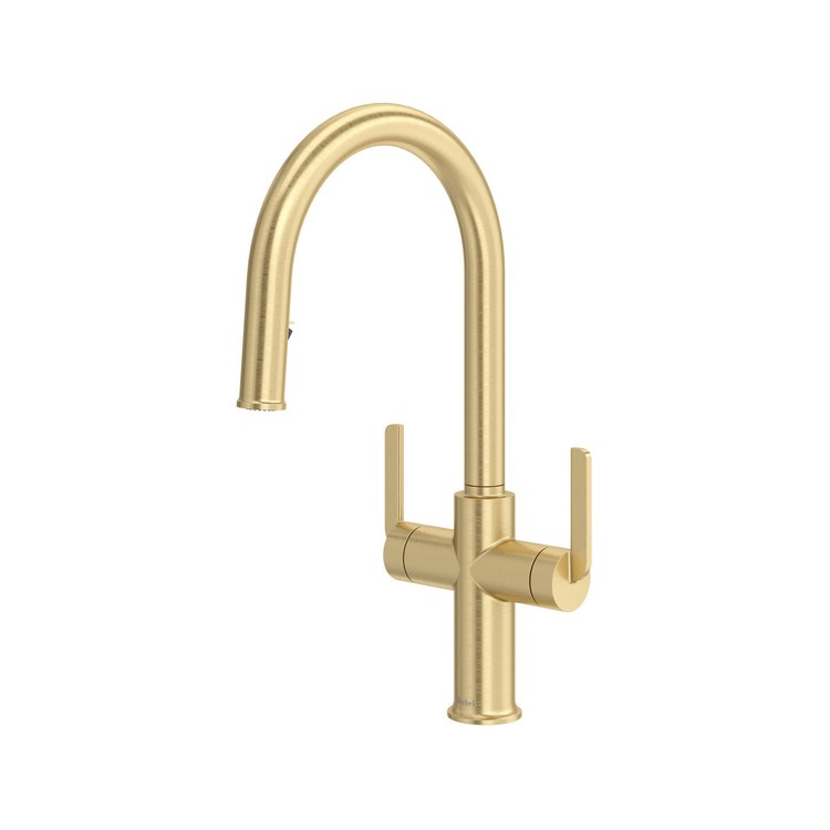 Kitchen Faucet Authentica 2 Lever ADA Satin Brass US4 Pull Down 2 Function Gooseneck 360 DEG Swivel 1 Hole Deck 1.8 Gallons per Minute - Image 1