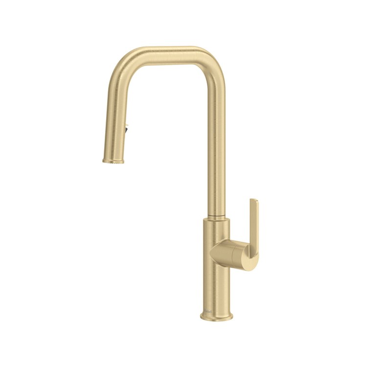Kitchen Faucet Authentica Widespread 2 Lever ADA Satin Brass US4 Pull Down 2 Function U-Shaped 360 DEG Swivel 3 Hole Deck 1.5 Gallons per Minute - Image 1
