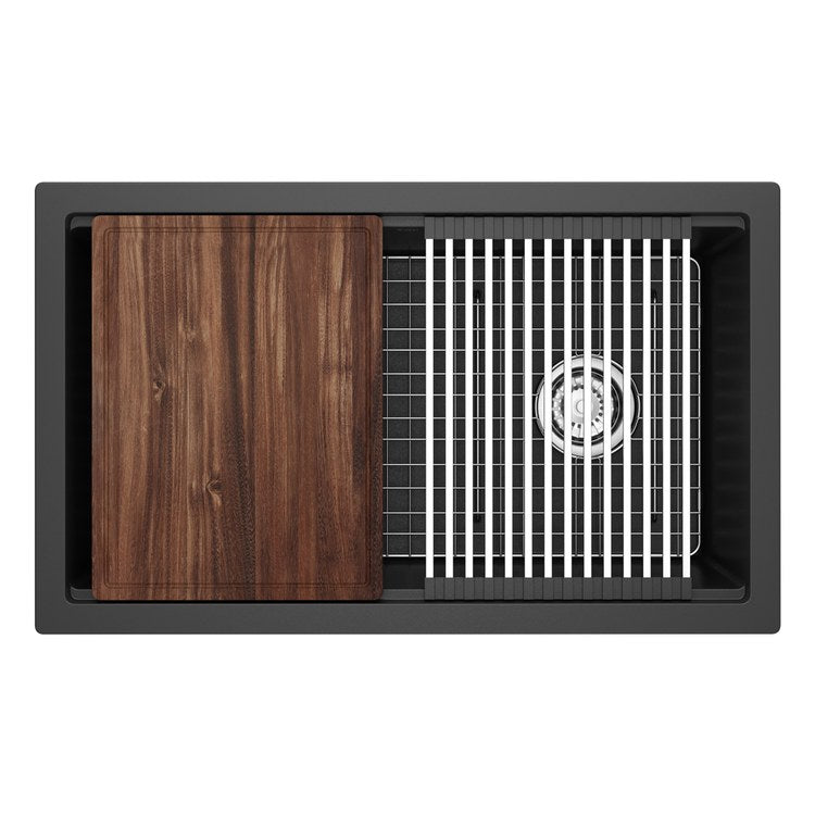 Kitchen Sink Fonsa 30 Inch 1 Bowls Chef/Workstation with Accessories Black Undermount Rectangle Quartz