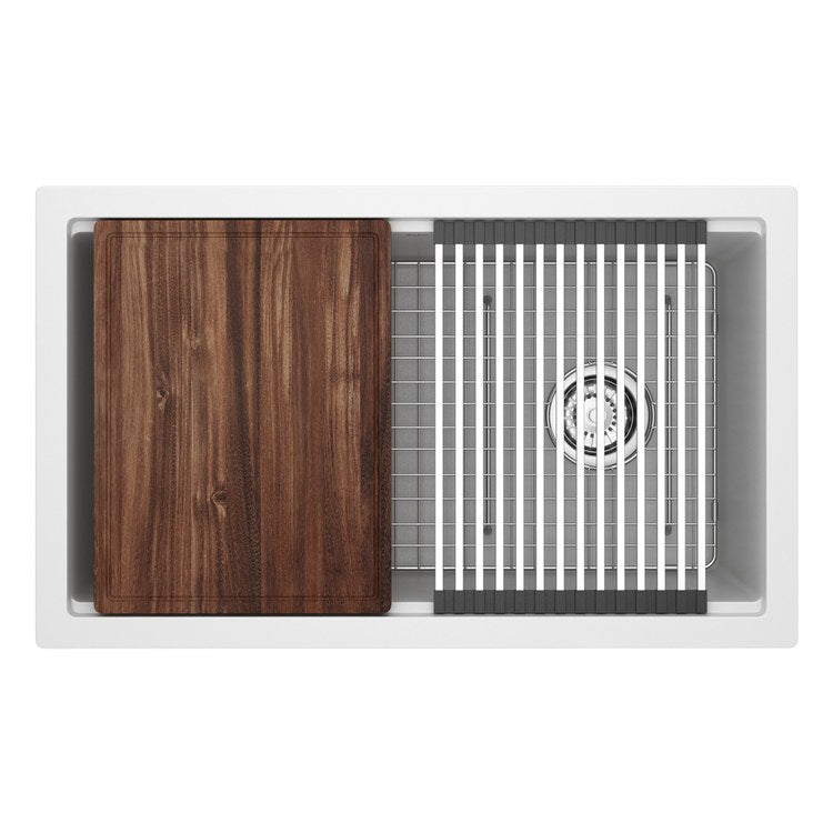 Kitchen Sink Fonsa 30 Inch 1 Bowls Chef/Workstation with Accessories White Undermount Rectangle Quartz