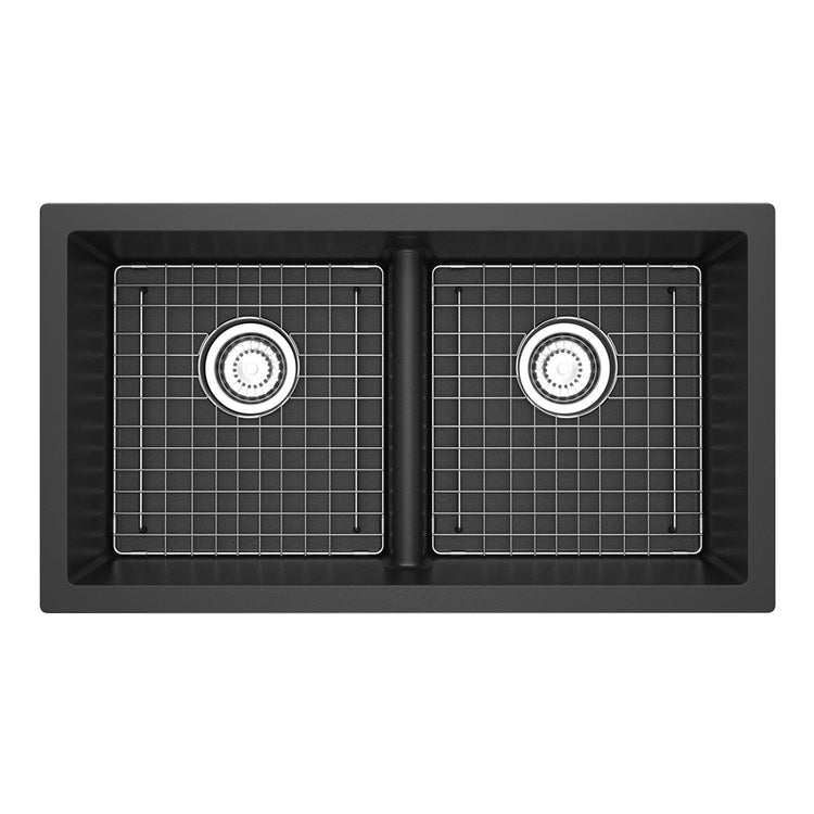 Kitchen Sink Fonsa 33 Inch 2 Bowls Black Undermount Rectangle Quartz
