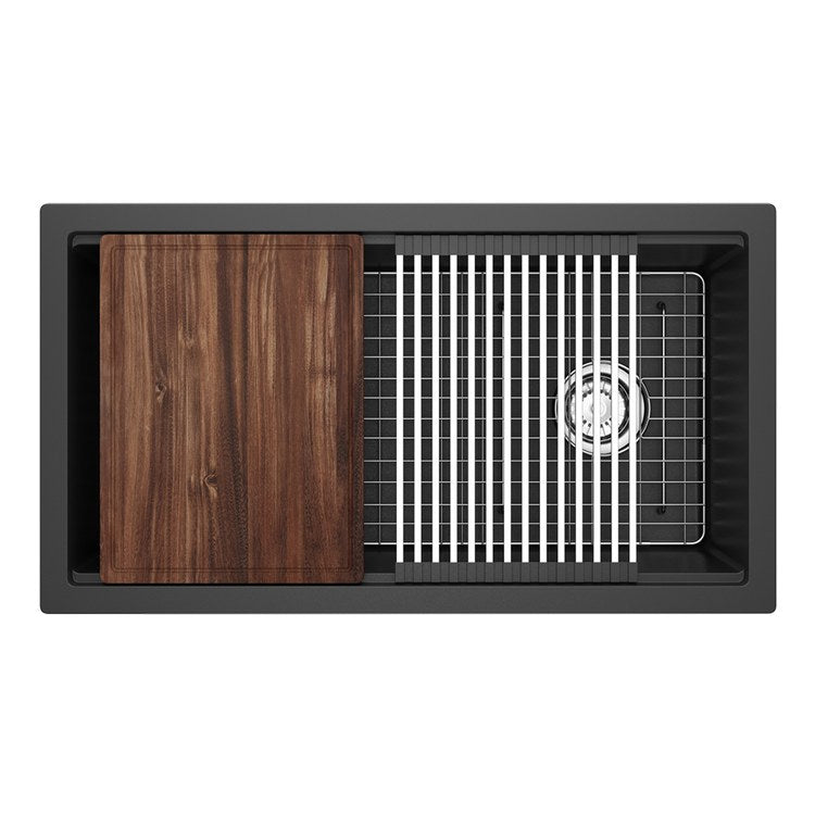 Kitchen Sink Fonsa 33 Inch 1 Bowls Chef/Workstation with Accessories Black Undermount Rectangle Quartz
