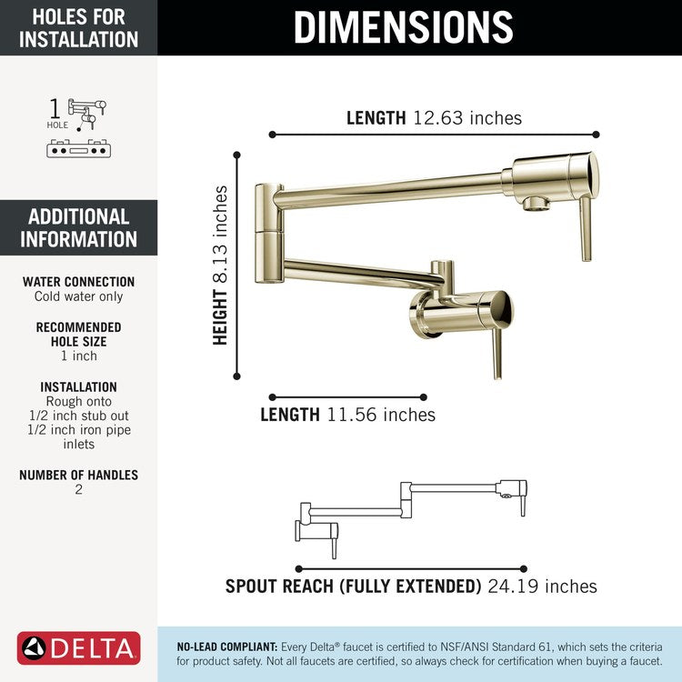 Pot Filler Contemporary 2 Lever ADA Brilliance Polished Nickel 1 Hole Wall 4.0 Gallons per Minute - Image 2