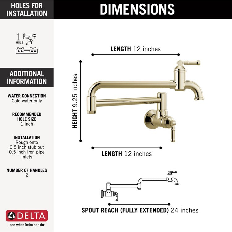 Pot Filler Broderick Cold Water 2 Lever ADA Brilliance Polished Nickel 1 Hole Wall 4.0 Gallons per Minute - Image 2