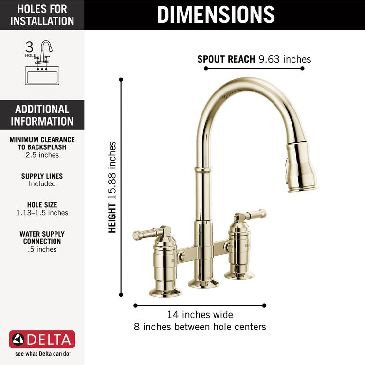 Kitchen Faucet Broderick Bridge 8 Inch Spread 2 Lever ADA Brilliance Polished Nickel Pull Down High Arc 360 DEG Swivel 3 Hole ShieldSpray/MagnaTite 1.8 Gallons per Minute - Image 2