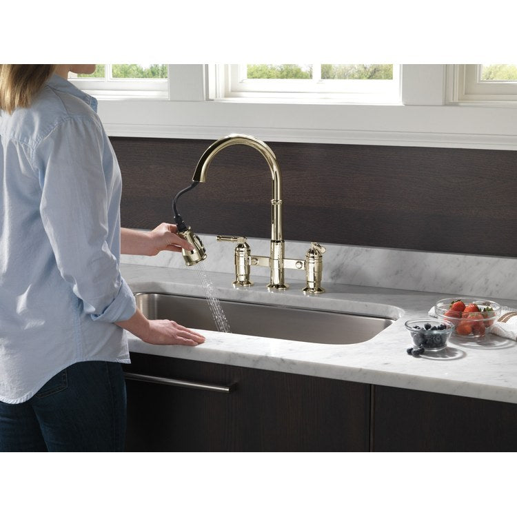 Kitchen Faucet Broderick Bridge 8 Inch Spread 2 Lever ADA Brilliance Polished Nickel Pull Down High Arc 360 DEG Swivel 3 Hole ShieldSpray/MagnaTite 1.8 Gallons per Minute - Image 3