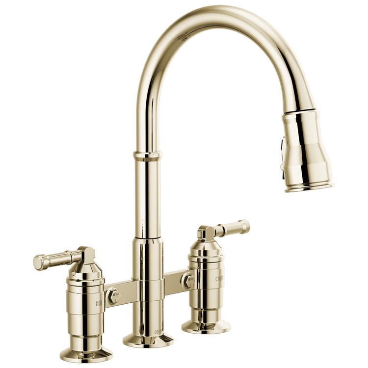Kitchen Faucet Broderick Bridge 8 Inch Spread 2 Lever ADA Brilliance Polished Nickel Pull Down High Arc 360 DEG Swivel 3 Hole ShieldSpray/MagnaTite 1.8 Gallons per Minute