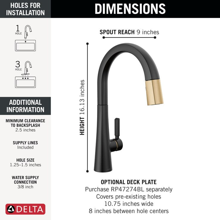 Kitchen Faucet Monrovia 1 Lever ADA Lumicoat Matte Black/Champagne Bronze Pull Down 2 Function High Arc 360 DEG Swivel 1/3 Hole MagnaTite 1.8 Gallons per Minute - Image 2