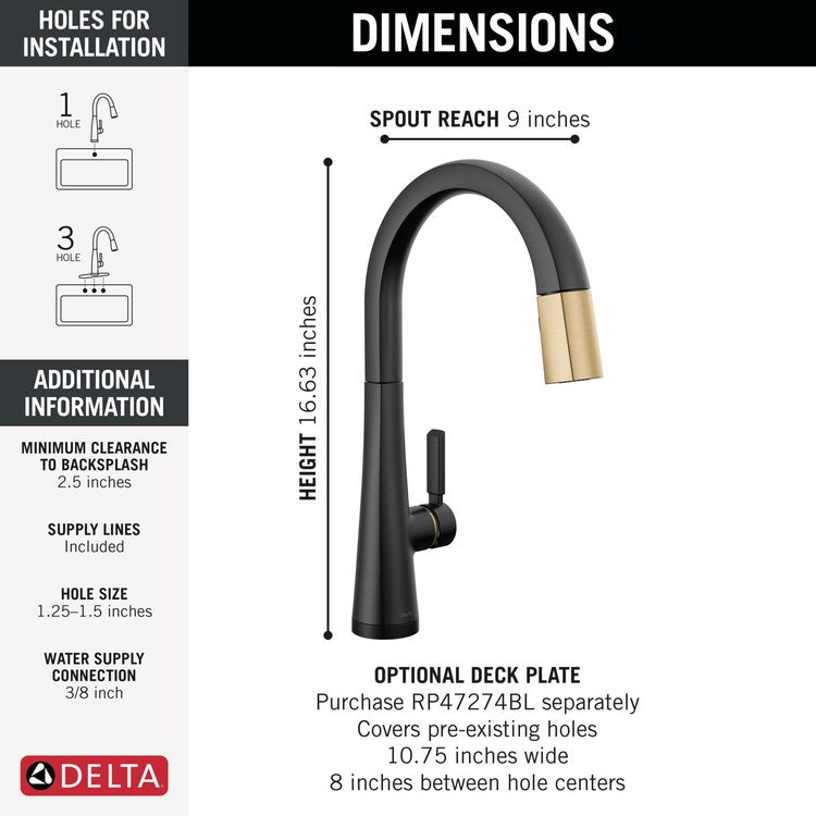 Kitchen Faucet Monrovia Touchless 1 Lever ADA Lumicoat Matte Black/Champagne Bronze 2 Function Pull Down Gooseneck High Arc Swivel 360 DEG 1/3 Hole Deck MagnaTite/VoiceIQ/TempSense/Touch2O 1.8 Gallons per Minute - Image 2