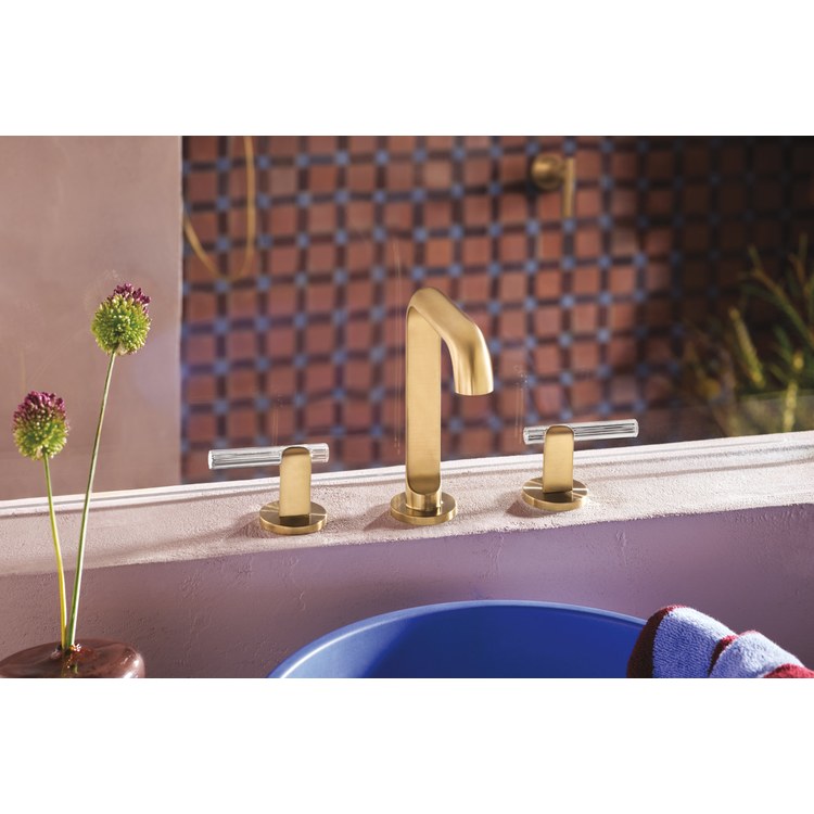 Lavatory Faucet Roccesco Widespread 4 to 16 Inch Spread Less Handle WaterSense Brilliance Luxe Gold 1.2 Gallons per Minute Deck Square Less Drain 3 Hole - Image 2