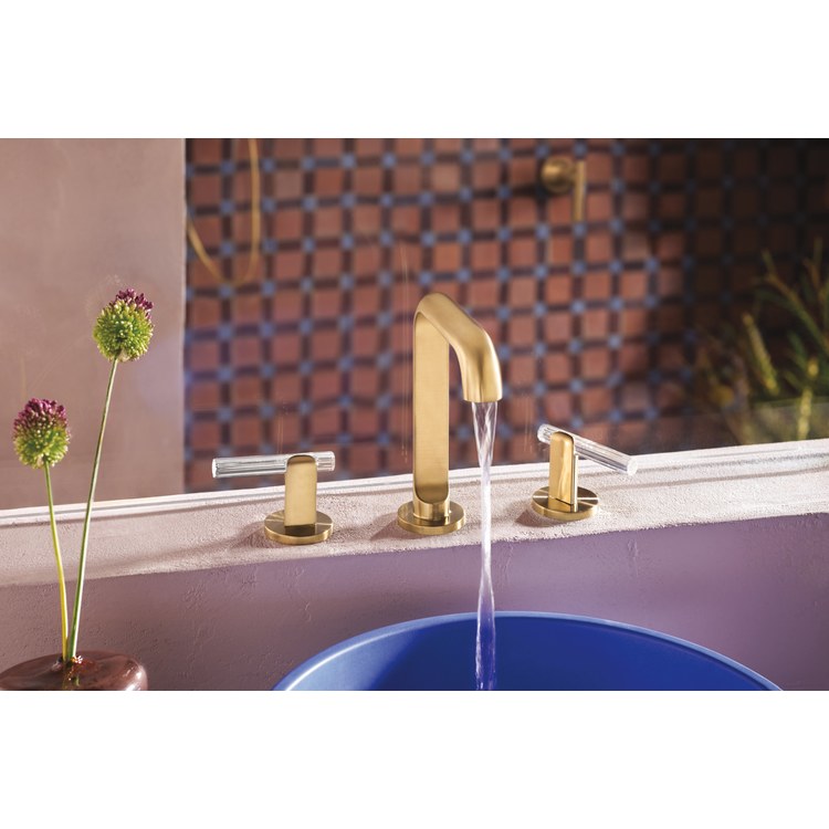 Lavatory Faucet Roccesco Widespread 4 to 16 Inch Spread Less Handle WaterSense Brilliance Luxe Gold 1.2 Gallons per Minute Deck Square Less Drain 3 Hole - Image 3