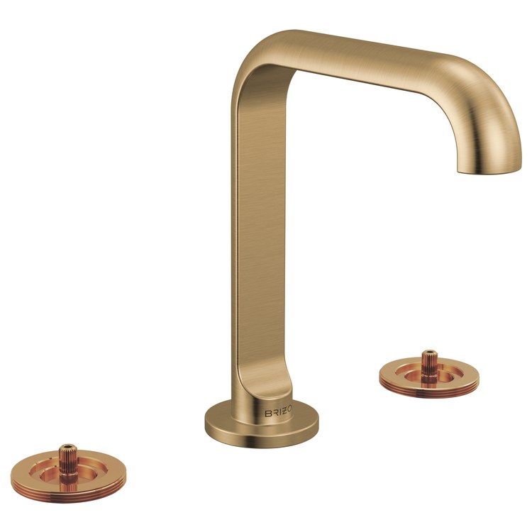 Lavatory Faucet Roccesco Widespread 4 to 16 Inch Spread Less Handle WaterSense Brilliance Luxe Gold 1.2 Gallons per Minute Deck Square Less Drain 3 Hole