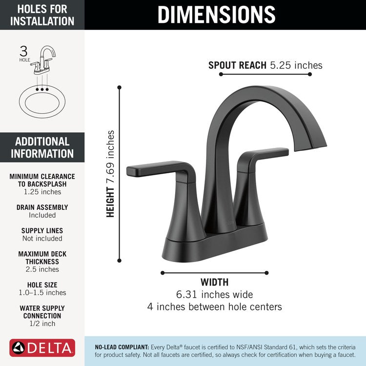 Lavatory Faucet Lineax 4 Inch Spread 2 Lever ADA WaterSense Matte Black 1.2 Gallons per Minute Deck High Arc Push Pop Up with Flange and Stopper 2/3 Hole - Image 2