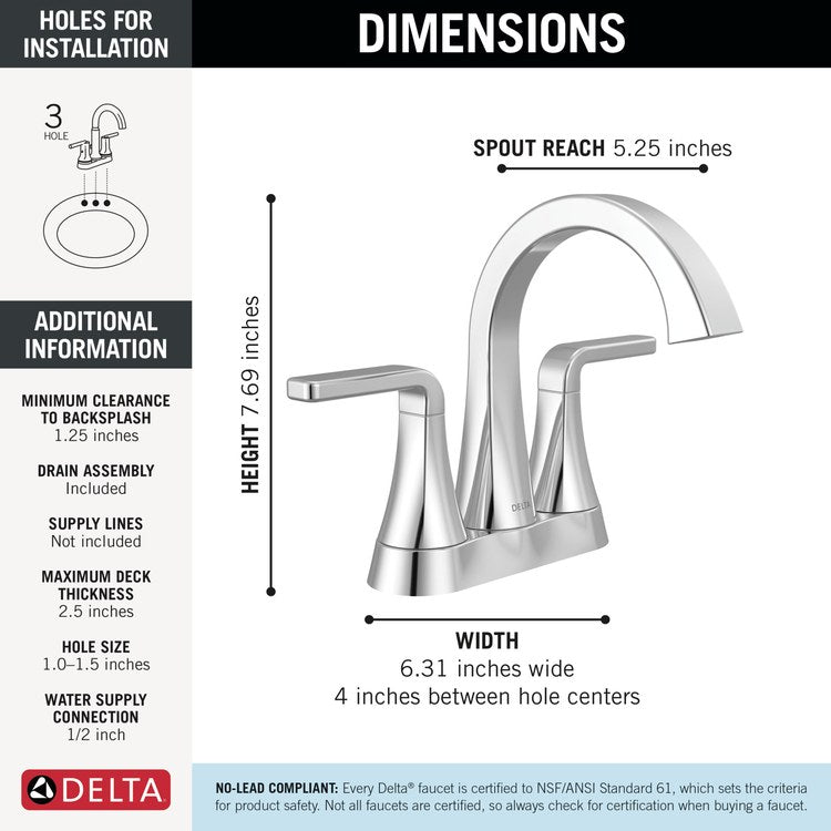 Lavatory Faucet Lineax 4 Inch Spread 2 Lever ADA WaterSense Chrome 1.2 Gallons per Minute Deck High Arc Push Pop Up with Flange and Stopper 2/3 Hole - Image 2