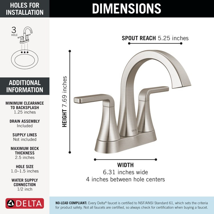 Lavatory Faucet Lineax 4 Inch Spread 2 Lever ADA WaterSense Brilliance Stainless 1.2 Gallons per Minute Deck High Arc Push Pop Up with Flange and Stopper 2/3 Hole - Image 2