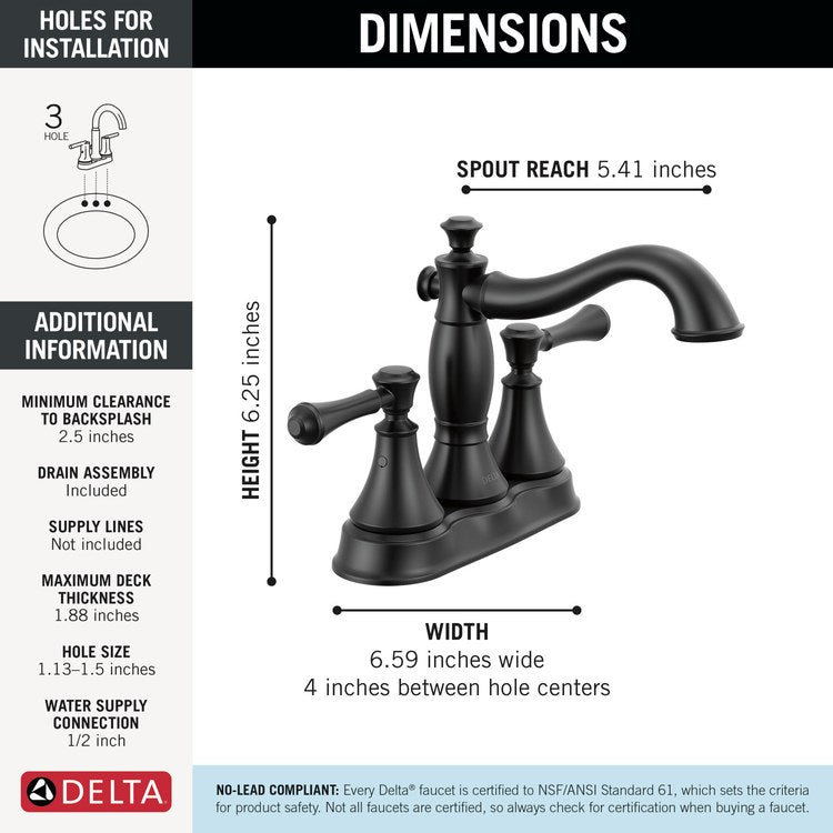 Lavatory Faucet Cassidy Centerset 4 Inch Spread 2 Lever ADA WaterSense/CALGreen Matte Black 1.2 Gallons per Minute Deck High Arc Metal Pop-Up 3 Hole - Image 2