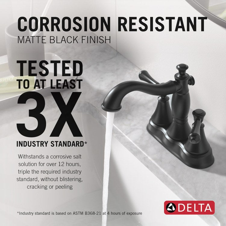Lavatory Faucet Cassidy Centerset 4 Inch Spread 2 Lever ADA WaterSense/CALGreen Matte Black 1.2 Gallons per Minute Deck High Arc Metal Pop-Up 3 Hole - Image 3