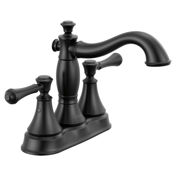 Lavatory Faucet Cassidy Centerset 4 Inch Spread 2 Lever ADA WaterSense/CALGreen Matte Black 1.2 Gallons per Minute Deck High Arc Metal Pop-Up 3 Hole