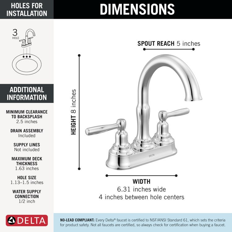 Lavatory Faucet Roe 4 Inch Spread 2 Lever ADA WaterSense Chrome 1.2 Gallons per Minute Deck Push Pop-Up 3 Hole - Image 2