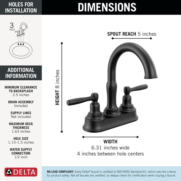 Lavatory Faucet Roe 4 Inch Spread 2 Lever ADA WaterSense Matte Black 1.2 Gallons per Minute Deck Push Pop-Up 3 Hole - Image 2