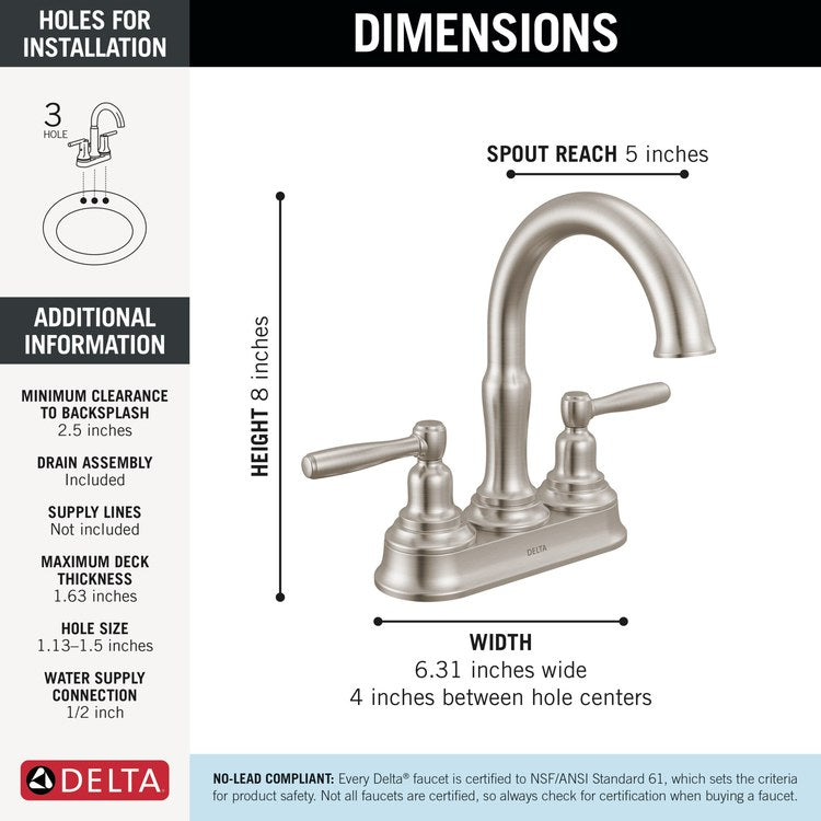 Lavatory Faucet Roe 4 Inch Spread 2 Lever ADA WaterSense Brilliance Stainless 1.2 Gallons per Minute Deck Push Pop-Up 3 Hole - Image 2