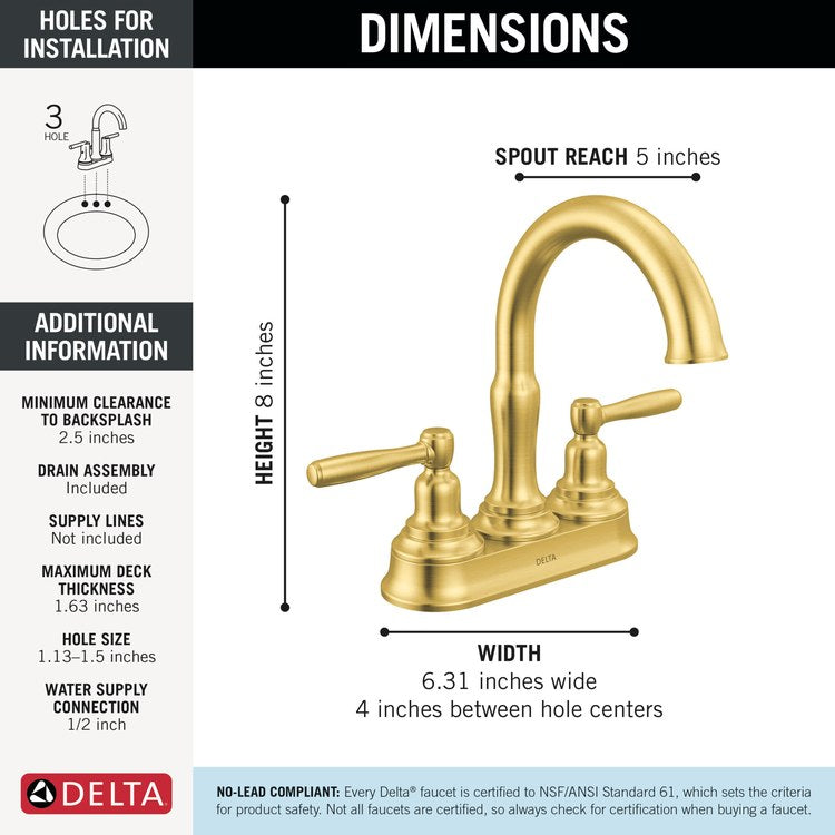 Lavatory Faucet Roe 4 Inch Spread 2 Lever ADA WaterSense Brushed Gold 1.2 Gallons per Minute Deck Push Pop-Up 3 Hole - Image 2