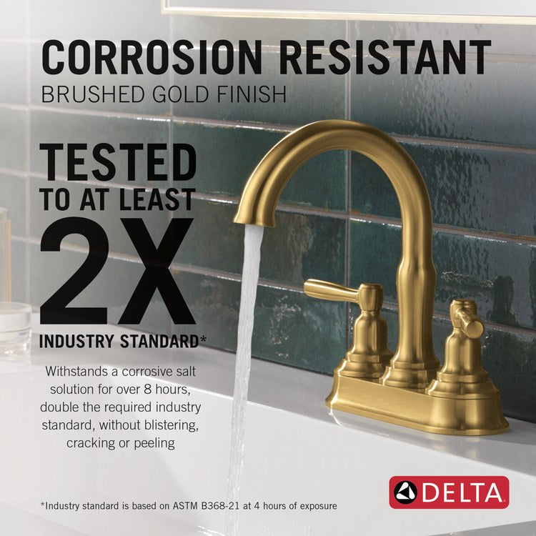 Lavatory Faucet Roe 4 Inch Spread 2 Lever ADA WaterSense Brushed Gold 1.2 Gallons per Minute Deck Push Pop-Up 3 Hole - Image 3