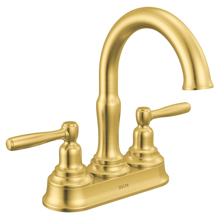 Lavatory Faucet Roe 4 Inch Spread 2 Lever ADA WaterSense Brushed Gold 1.2 Gallons per Minute Deck Push Pop-Up 3 Hole