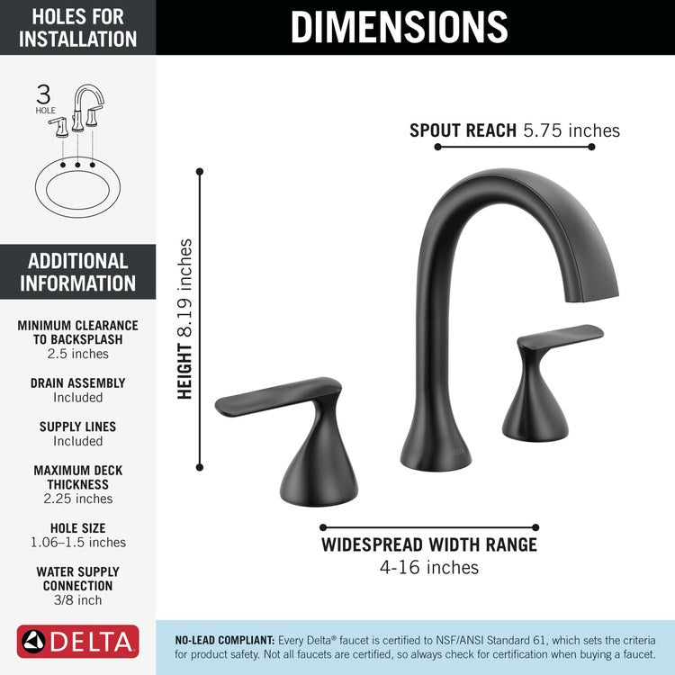 Lavatory Faucet Bonacci Widespread 4 to 16 Inch Spread 2 Lever ADA WaterSense Matte Black 1.2 Gallons per Minute Deck Push Pop-Up with Flange and Stopper 3 Hole - Image 2