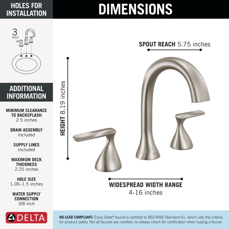 Lavatory Faucet Bonacci Widespread 4 to 16 Inch Spread 2 Lever ADA WaterSense Lumicoat Stainless 1.2 Gallons per Minute Deck Push Pop-Up with Flange and Stopper 3 Hole - Image 2
