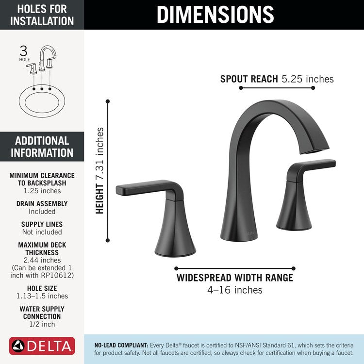Lavatory Faucet Lineax 4-16 Inch Spread 2 Lever ADA WaterSense Matte Black 1.2 Gallons per Minute Deck Metal Push Pop-Up with Flange and Stopper 3 Hole - Image 2