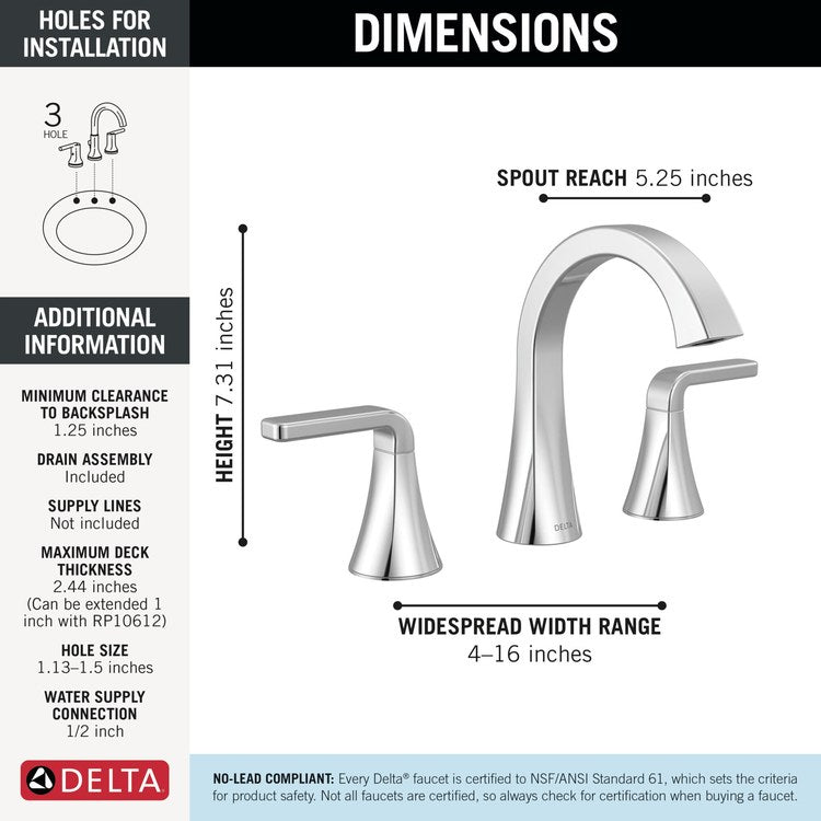 Lavatory Faucet Lineax 4-16 Inch Spread 2 Lever ADA WaterSense Chrome 1.2 Gallons per Minute Deck Metal Push Pop-Up with Flange and Stopper 3 Hole - Image 2