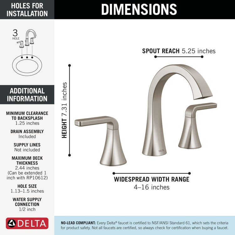 Lavatory Faucet Lineax 4-16 Inch Spread 2 Lever ADA WaterSense Brilliance Stainless 1.2 Gallons per Minute Deck Metal Push Pop-Up with Flange and Stopper 3 Hole - Image 2
