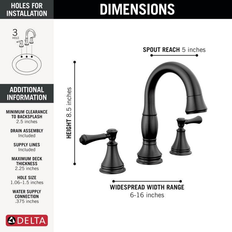 Lavatory Faucet Cassidy Widespread 6 to 16 Inch Spread 2 Lever ADA WaterSense Matte Black 1.2 Gallons per Minute Deck Arc Metal Pop-Up 3 Hole MagnaTite - Image 2