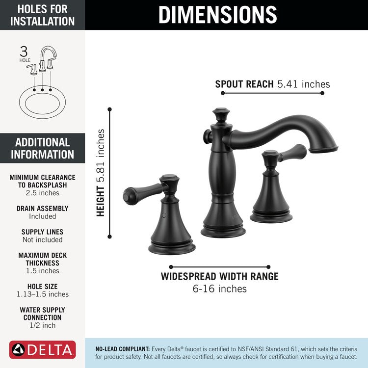 Lavatory Faucet Cassidy Widespread 6 to 16 Inch Spread 2 Lever ADA WaterSense Matte Black 1.2 Gallons per Minute Deck Metal Pop-Up with Flange and Stopper 3 Hole - Image 3