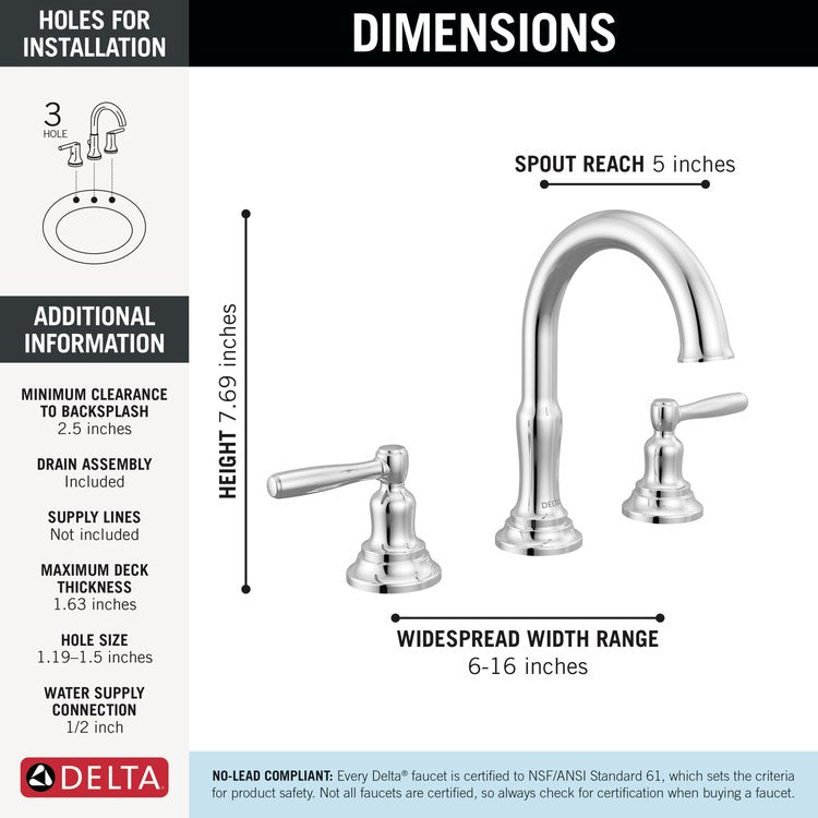 Lavatory Faucet Roe Widespread 6-16 Inch Spread 2 Lever ADA WaterSense Chrome 1.2 Gallons per Minute Deck High Arc Push Pop Up with Overflow 3 Hole - Image 2