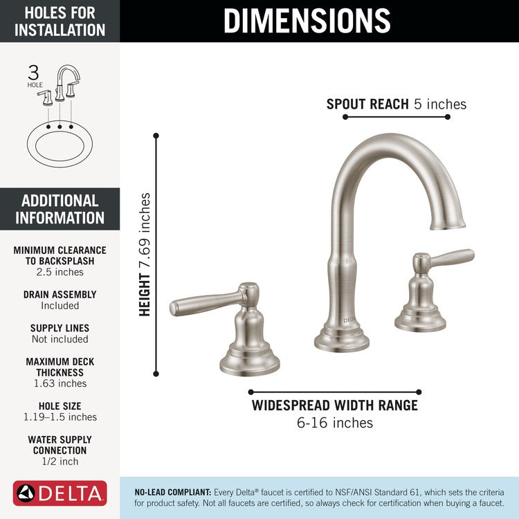 Lavatory Faucet Roe Widespread 6-16 Inch Spread 2 Lever ADA WaterSense Brilliance Stainless 1.2 Gallons per Minute Deck High Arc Push Pop Up with Overflow 3 Hole - Image 2