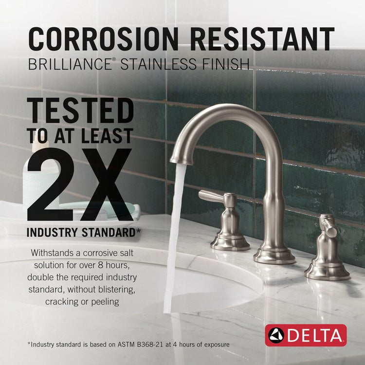 Lavatory Faucet Roe Widespread 6-16 Inch Spread 2 Lever ADA WaterSense Brilliance Stainless 1.2 Gallons per Minute Deck High Arc Push Pop Up with Overflow 3 Hole - Image 3
