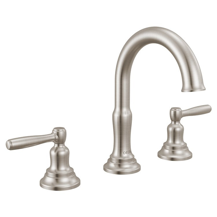 Lavatory Faucet Roe Widespread 6-16 Inch Spread 2 Lever ADA WaterSense Brilliance Stainless 1.2 Gallons per Minute Deck High Arc Push Pop Up with Overflow 3 Hole - Image 1